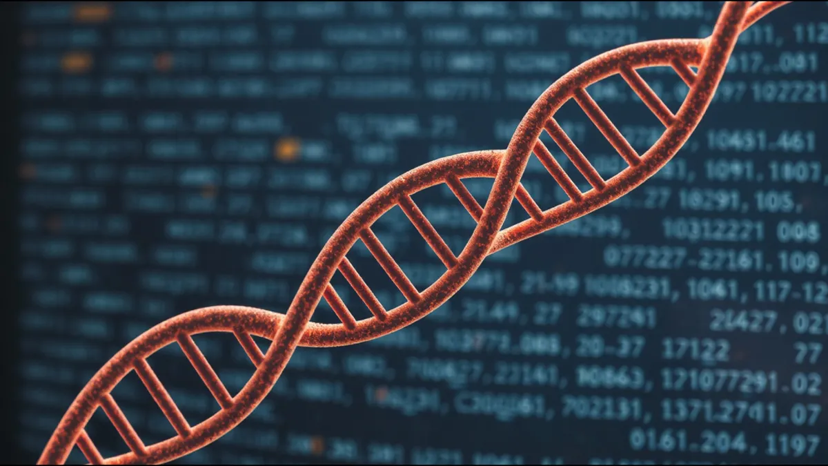 A DNA double helix rendered over a wall of code and numbers
